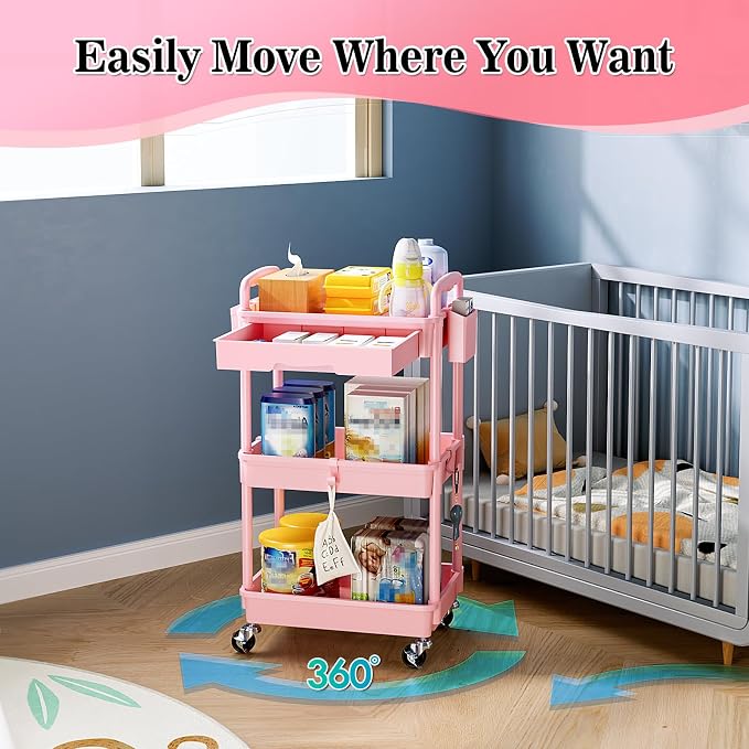 SUNALLY 3 Tier Rolling Cart with Drawer, Craft Storage Cart Organizer, Pink | Bathroom Storage Organizer with 2 Lockable Wheels, Rolling Utility Cart for Kitchen, Office, Baby, Makeup, Nail,Snack,Laundry
