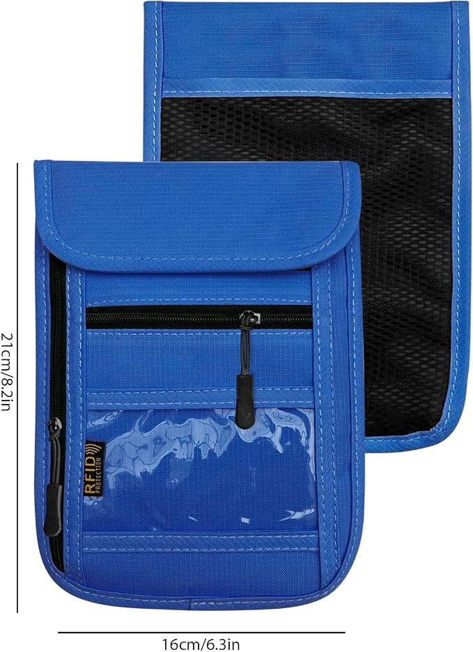 RFID Blocking Travel Neck Wallet Pouch and Passport Holder, Travel Neck Pouch Passport Holder for Women & Men - Blue