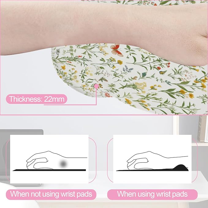 Wildflowers Butterfly Mouse Pad with Wrist Rest and Keyboard Wrist Rest Set, Vintage Garden Plants Herb Flower Non-Slip Rubber Base Memory Foam Mouse Pad Set for Women, Office Desk Accessories, Gaming