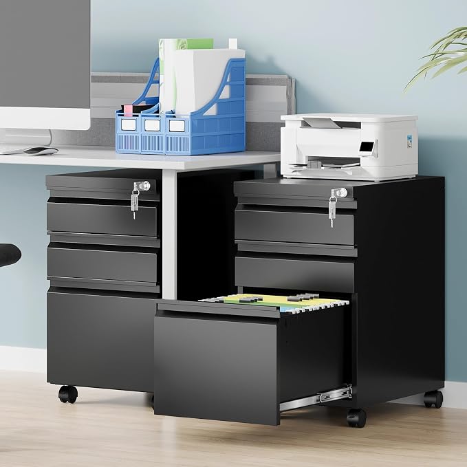 3 Drawer File Cabinet, Fully Assembled Mobile File Cabinets with Lock for Home Office, Metal Rolling Filing Caninet on Wheels, Three Drawer Under Desk Cabnet for Letter/Legal / A4 - Black