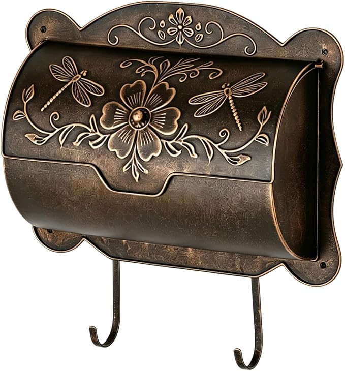 Wall Mount Mailbox with Newspaper Holder, Upgraded Embossed Vintage Mailbox Wall Mount, Dragonfly & Floral Decorative Front Porch Antique Mailboxes, Mail Boxes for House Outside Garden