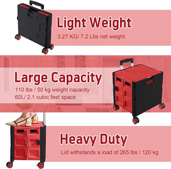 FELICON Folding Utility Cart Rolling Crate Handcart Basket Tote-Red+Black | Collapsible Hidden Lid,Plastic Box,Telescoping Handle,4 Rotate Wheels for Travel Shop Move Grocery Laundry Office Teacher Use
