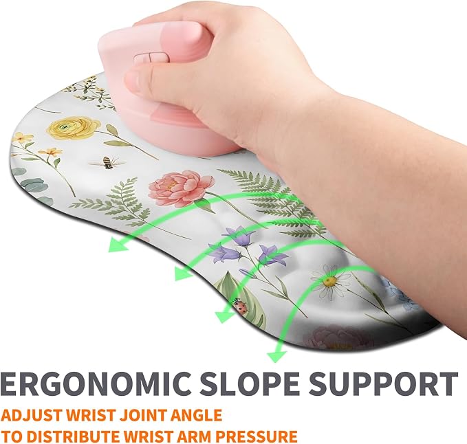 Ergonomic Joint Wrist Support Mouse Pad with Memory Foam Cushion Massage Bump, Carpal Tunnel Pain Relief Mousepad Slope Design for Wrist Rest, 11.8x7.9 in, Bee Butterfly Flower