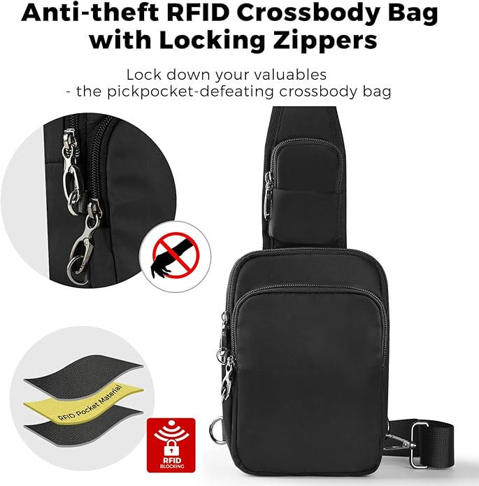 Sling Bag, Crossbody Bag with Zipper Lock, RFID Blocking & Water Resistant for Men and Women