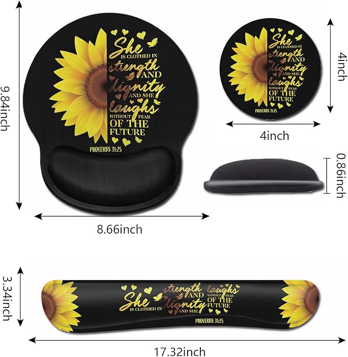 Mouse Pad Keyboard Wrist Rest Coaster, Mouse Support Set,Sunflower Christian Bible Verse Black padErgonomic Memory Foam Mouse and Keyboard Pad Set for Laptop Computer Office Home Working Gaming