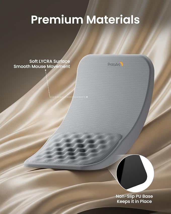 ProtoArc MP50 Ergonomic Mouse Pad with Wrist Support, Lycra Surface, Gray | 8° slope & massage points, soft memory foam, Large 12x8 Inches, Non-slip base. Relieves wrist strain for office & home