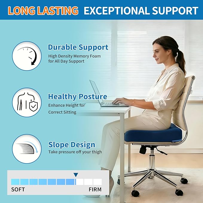 YOUFI Extra Thick Large Seat Cushion -19 X 17.5 X 4 Inch Gel Memory Foam Cushion with Carry Handle Non Slip Bottom - Pain Relief Coccyx Cushion for Wheelchair Office Chair (Blue (1PACK))