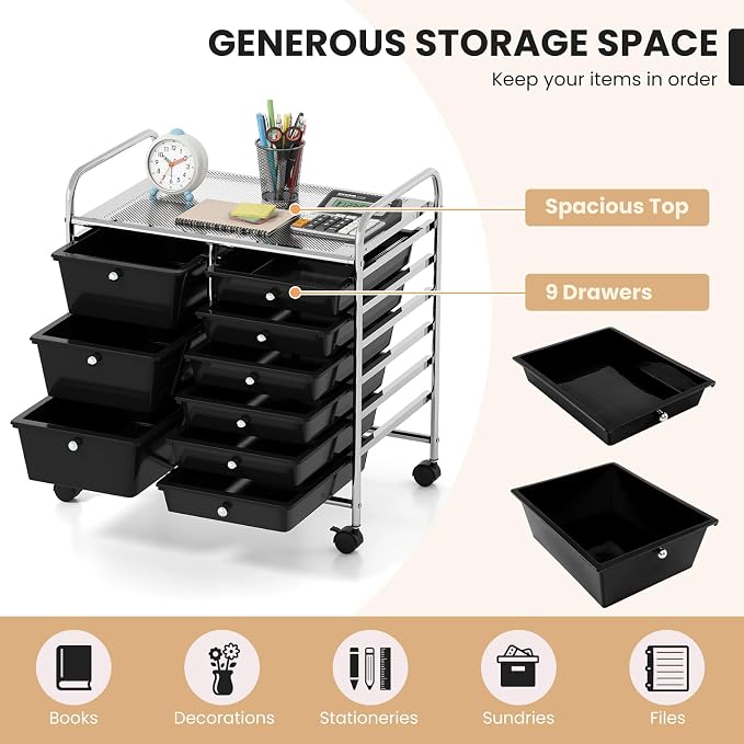 9 Drawer Rolling Storage Cart, Rolling Cart with Drawers for Classroom, Art Supply Craft Organizer on Wheel with Metal Frame & Handles for Home Office School