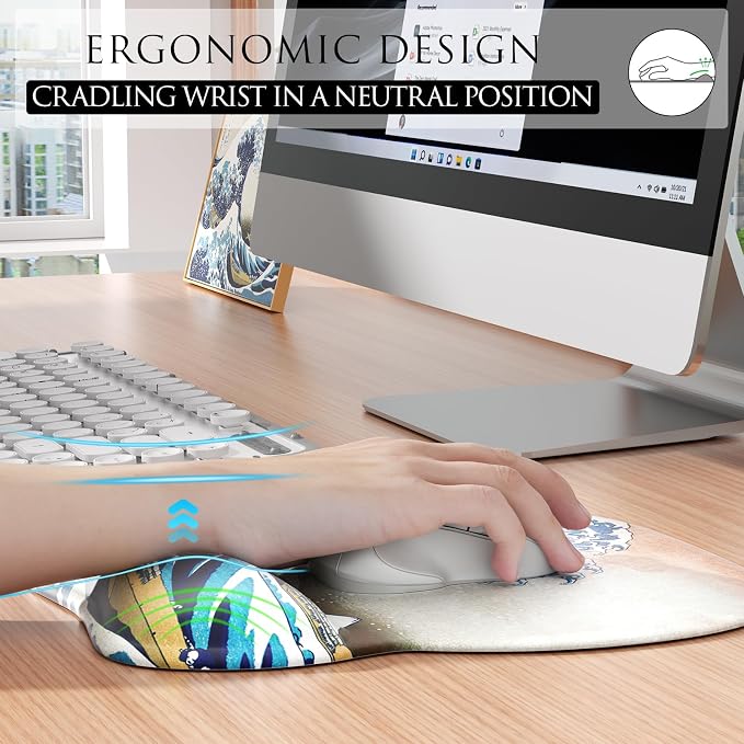 MROCO Ergonomic Mouse Pad with Gel Wrist Rest, 9.4 x 8.1 in, Great Wave | Ergonomic Shape Design, Multiple Pattern Options, Gel Wrist Comfort, Smooth Lycra Surface, Non-Slip PU Base
