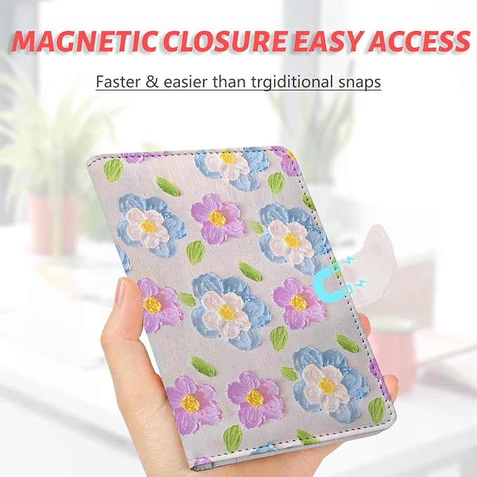 Passport Holder, Cute Travel Wallet Cover with RFID Blocking, | PU leather travel wallet with magnetic closure, card slots, pen loop, and easy access for passports and essentials.