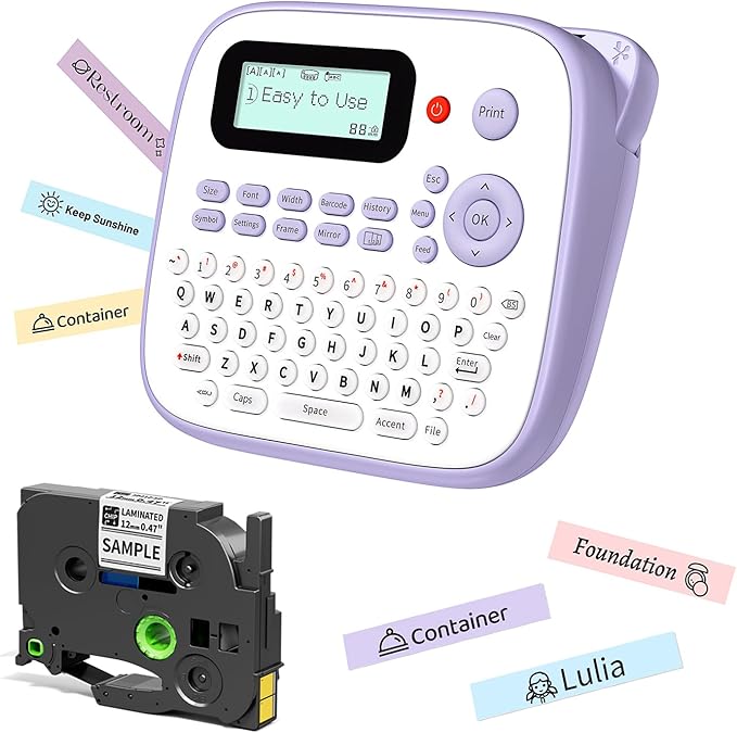 Label Maker Machine with-Tape Waterproof, Purple Portable Label Maker for Teachers Kids Classroom Use, Desktop Labeler with Multiple Symbols &Fonts for Home Office School Use, D210S