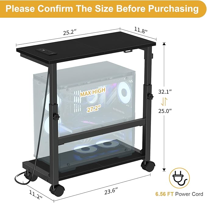 Snughome Computer Tower Stand with Charge Station, 25.0"-32.1" Height Ajustable PC Tower Stand for Floor, Mobile CPU Holder Cart for Carpet with Hooks, PC Cart for Gaming Office Home