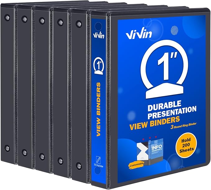 3 Ring Binder 1 Inch, ViVin Sturdy 1"-Round Ring Binder with 2 Interior Pockets, Clear View Cover, PVC-Free, Fits 200 Sheets of 8.5'' x 11'' Paper, Office Home School (6 Pack, Black)