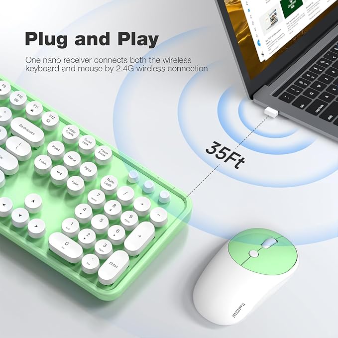 MOFII Wireless Keyboard and Mouse Combo, Computer Full Size 2.4G Plug and Play Wireless Typewriter Retro Round Keyboard and Mouse Set for Windows, Computer, Desktop, PC, Notebook - (Light Green)