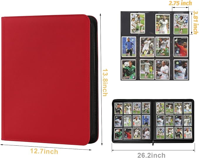 12 Pocket Ringless Side Loading Trading Card Binder, 720 Cards PU Fixed Page Zipper Card Album for TCG Sports Game Cards, Not Fit Top Loaders (Red)