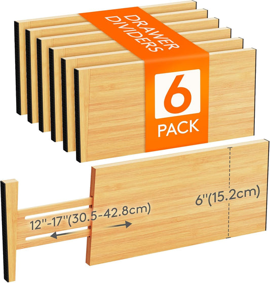 Lifewit 6 Pack Drawer Dividers Bamboo 6" High, 11-17" Adjustable Drawer Organizers for Clothes, Expandable Dresser Separators in Bedroom/Bathroom/Kitchen/Fridge/Office Organization and Storage
