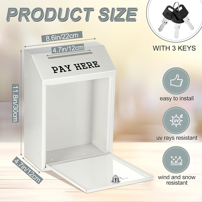 Yaocom Safe Metal Cash Box for Farm Stand – Money Drop and Secure Donation Collection, Wall Mount Lockable Unit with Pre Drilled Holes for Outdoor Self Serve(White,11.8 x 8.6 x 4.7 Inch)