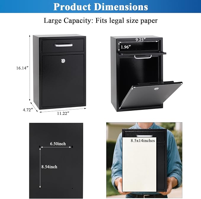 Jssmst Locking Mailbox for Outside, Key Lock Wall Mount Mailboxes Large, Security Drop Box with Lock, 16.2H x 11.22L x 4.72W Inches, Black XLarge