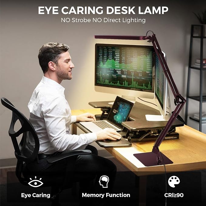 LED Desk Lamp with Slim Base - Adjustable Swing Arm Desk Light, Dimmable, Timer, Eye Protection, Memory Function, 1300LM, 12W, Red