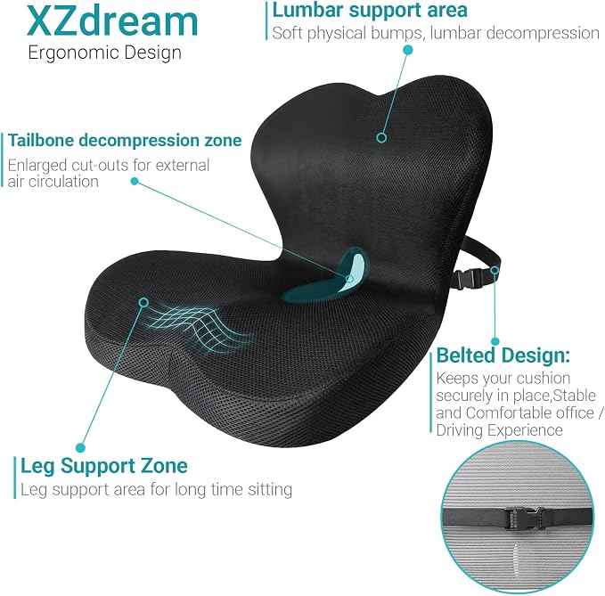 Memory Foam Seat Cushion,Office Chair Cushion with Lumbar Support for Back Pressure Relief, Car Seat Cushion with Adjustable Strap,Sciatica Pad Cushions for Car,Truck, Desk,Gaming Chair