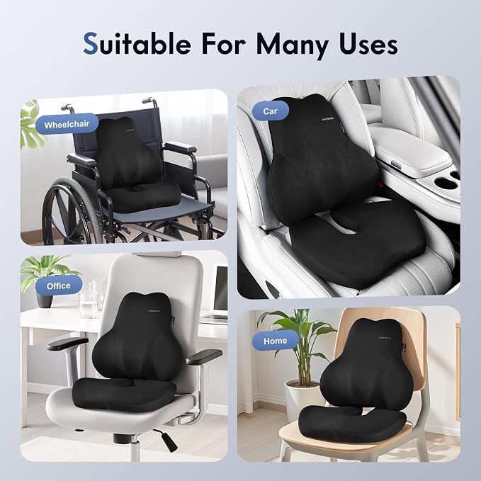 Coverado Memory Foam Car Seat Cushion and Lumbar Support Pillow for Car, Ergonomic Office Chair Cushion for Lower Back Pain Relief, Breathable & Non-Slip for Car, Home, and Office Use, Black