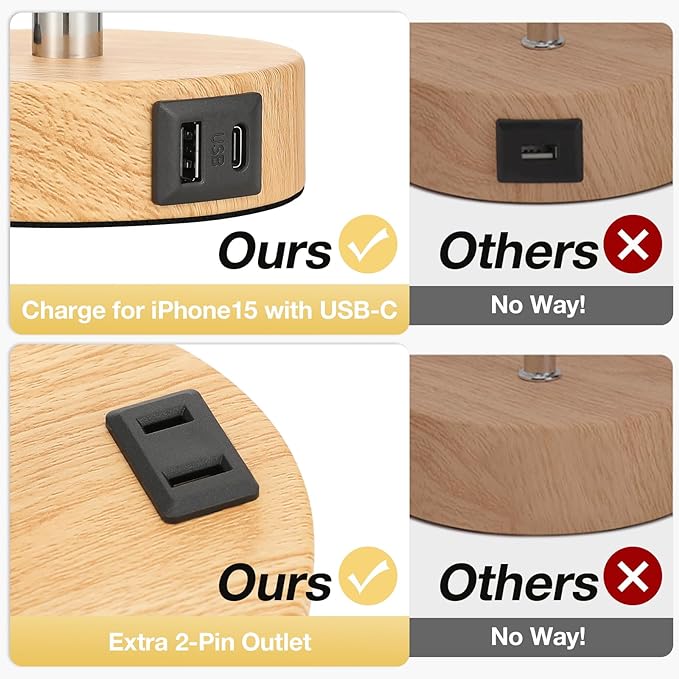 Bedside Table Lamp for Bedroom - Dimmable Touch, USB A+C, AC Outlet | 3-Way Dimmable, LED Bulb Included, Fabric Lampshade, Wood-Grain Metal Base, 14" Small Nightstand Lamp for Desk, Living Room