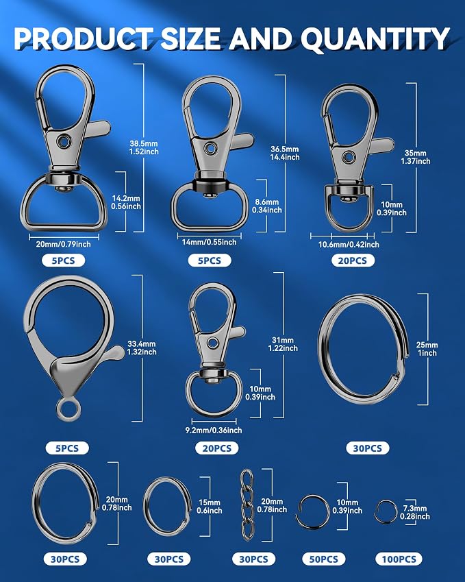 325PCS FIVEIZERO Keychain Making Kit - Keychain Clips with Key Ring, Lobster Claw Clasp, Swivel Snap Hook, Jumprings & Extender Chain for Crafts, DIY Projects & Purse Making Supplies (Black)