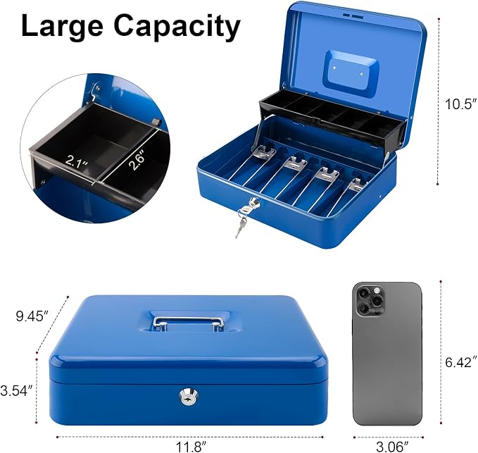 Jssmst Locking Large Metal Cash Box with Money Tray, Lock Money Box with Key, Blue, CB00513XL