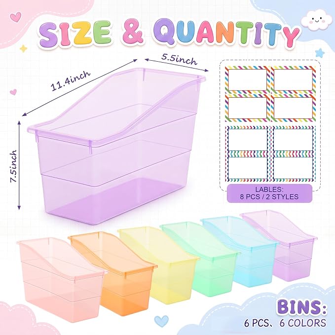 Blosssound 6 Set Book Bins for Classroom Stackable,Translucent Pastel | Plastic Baskets with Labels, Slanted Front, Library Supplies Organizers, Desktop Storage Bins, Teachers Home School Use
