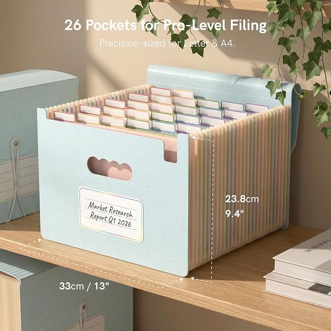 ABC life 26 Pockets Accordion File Organizer, Dusty Blue | Expanding File Folder for Letter/A4 Size, Portable Document Holder with A-Z Tabs for Tax Receipt, School, Home, Office