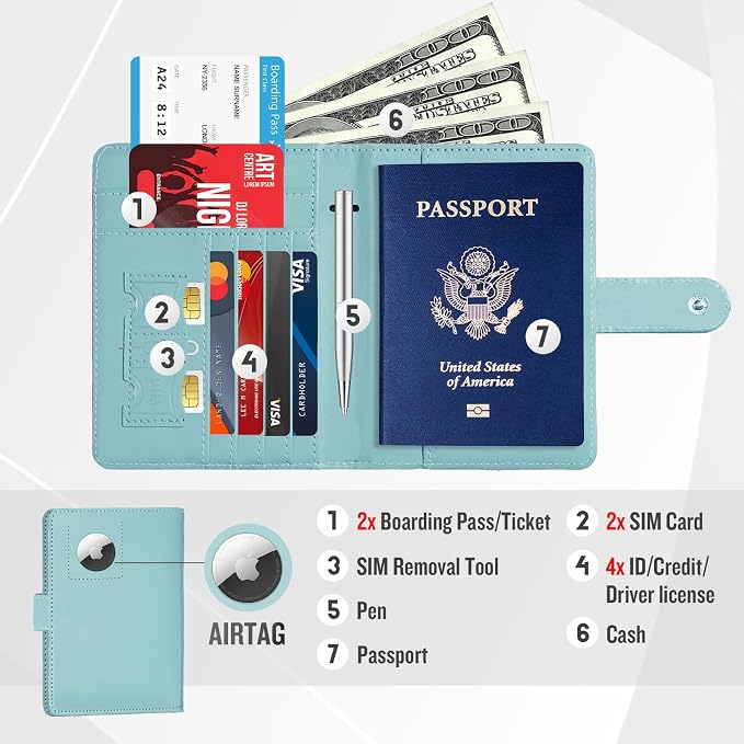 Passport Holder with AirTag Slot, Travel Passport Book Wallet | RFID Blocking, PU Leather, Cards Pocket, Cash Pocket, Passport Case, Women Men Travle Gifts, Travel Essentials
