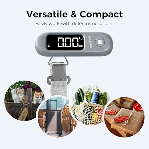 pack all Digital Luggage Scale for Travel, 110Lbs Capacity, 0.1Lb Precision | Handheld, Backlit LCD Display, Lb/Kg/Oz Conversion, Tare Function, Battery Included, Rock Grey
