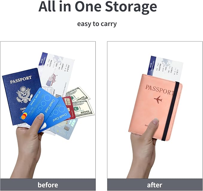Passport Holder, Passport Cover with Credit Card Slot and Boarding Pass Slot Combo, Passport Wallet Case Book Travel Must Have, RFID Blocking Leather Travel Accessories, Pink