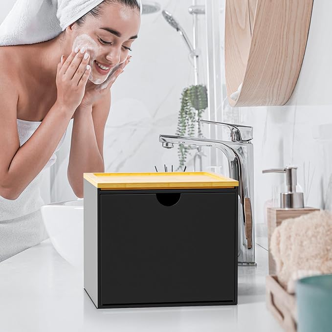 VITVITI Drawer Disposable Face Towel Holder Box, Acrylic Storage, Black | Face Towels Holder Container for XL Clean Skin Club, Facial Towel Storage with Bamboo Lid, for Bathroom, Vanity Makeup