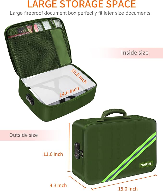 Fireproof Document Box with Lock 5200℉ Water Resistant | Portable ,Home ,Travel Strong Document Storage Organizer with 7 pockets for Important Documents and File ,Green