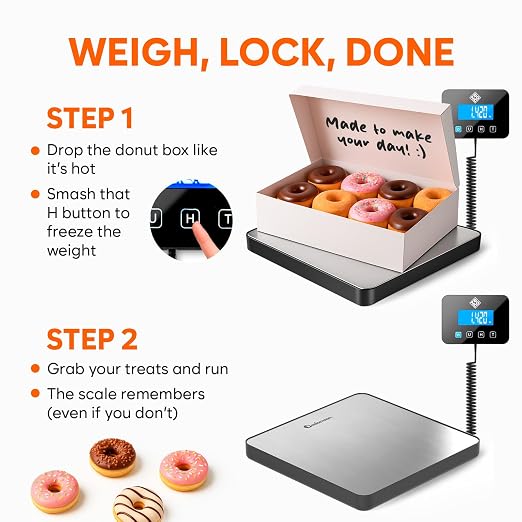Shipping Scale for Small Business - 440 lbs/0.35oz - High Accurate Digital Postal Scale with Hold/Tare Function - Perfect for Packages, Luggage, Home Use - Battery & Cable Included - Silver