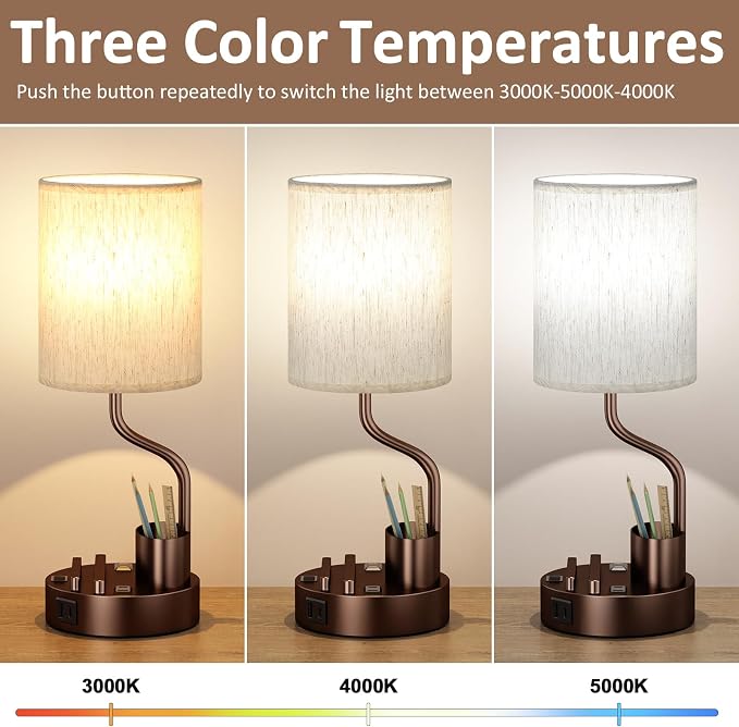 Bedside Lamps for Bedroom Set of 2 - Table Desk Lamp for Nightstand | 15" Table Lamp for Living Room with Pen Holder & Phone Stand, USB A+C Port, AC Outlet, 3 Color Temperature, LED Bulb Included