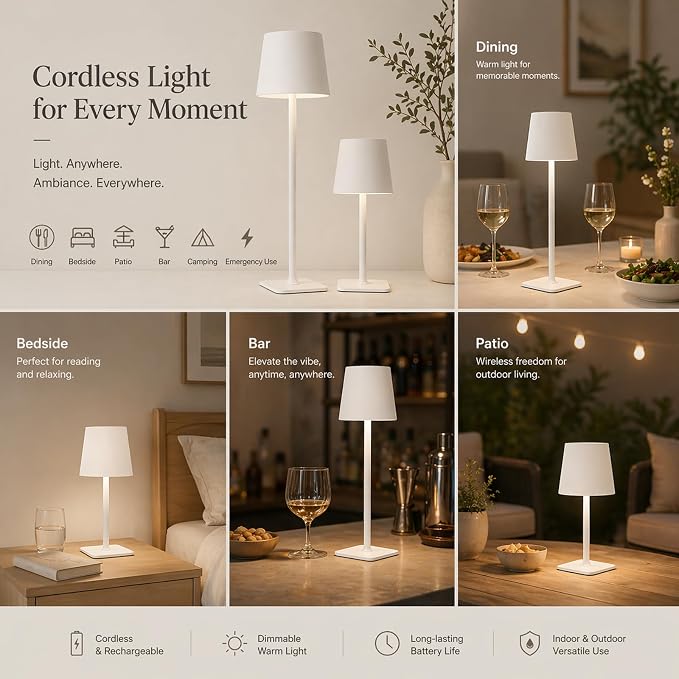 Cordless Table Lamp 2 Pack – Rechargeable Ambient Bedside Lamp with Warm Dimmable Light, Portable Minimalist Lighting for Bedroom, Dining Table & Living Room (2, White)