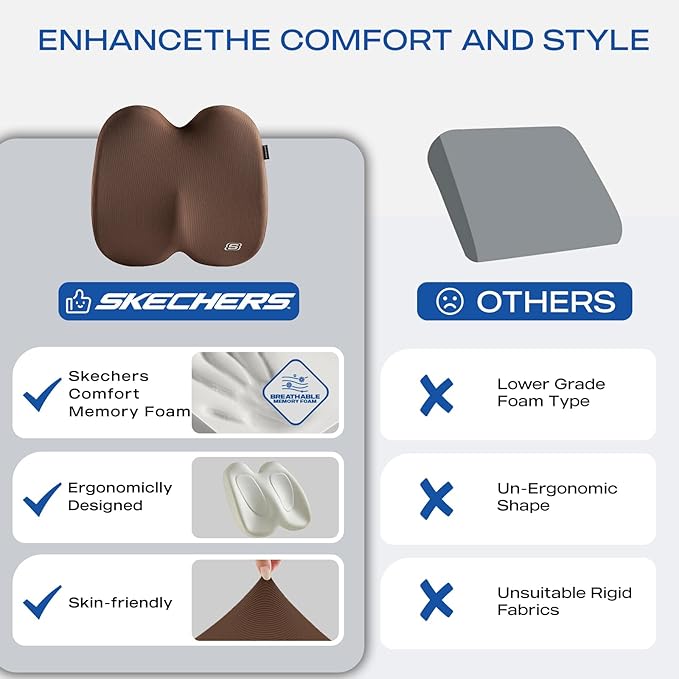 Skechers Seat Cushion, Ergonomic Memory Foam Cushion for Long Sitting Hours on Office & Home Chair, Car Seat Cushion for Sciatica, Coccyx Cushion,Brown