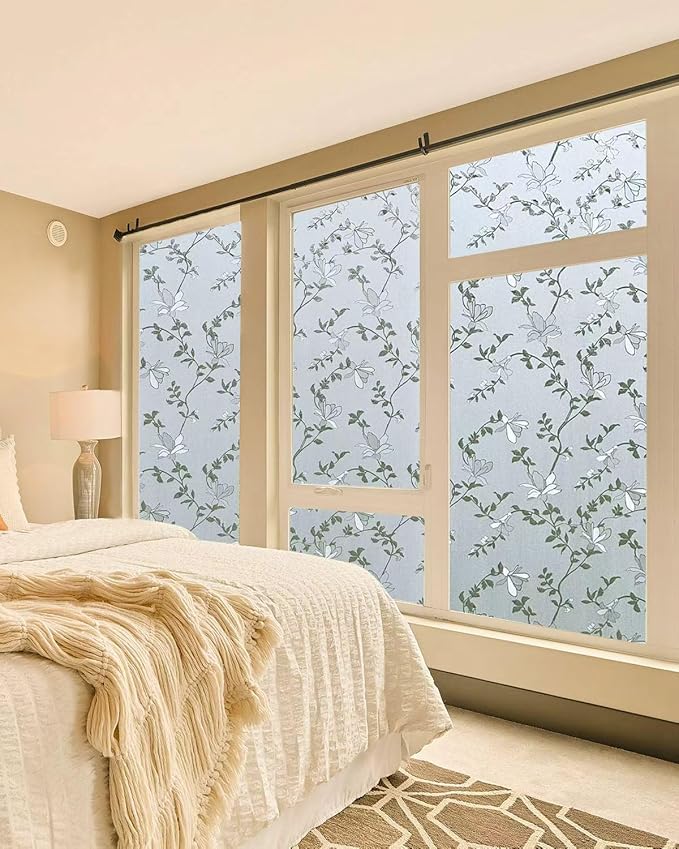Frosted Glass Window Film with Elegant Flower Design, Bathroom Window Privacy Film for Glass Windows Cover, Static Cling, Removable, Reusable, Anti-UV, Anti-Glare, 17.5 Inch * 157.4 Inch