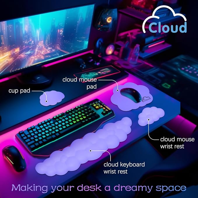 4 in 1 Ergonomic Leather Cloud Wrist Rest Keyboard and Mouse Pad & Coaster | Full 4-Piece Set, Non-Slip PU Base, Soft Memory Foam Comfort For Long Work/Gaming Hours, Cute Desk Decor, Easy To Clean