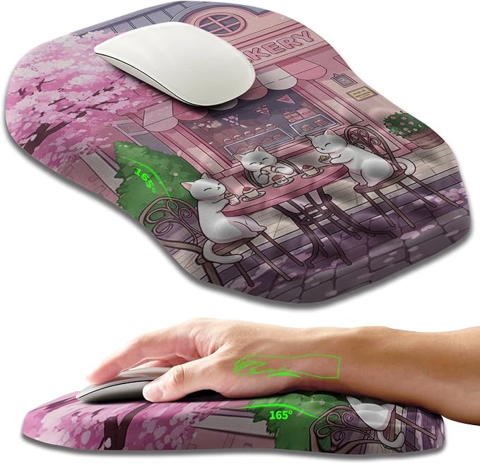 Ergonomic Slope Mouse Pad Wrist Support, Wrist Rest Mousepad for Carpal Tunnel Pain Relief with Massage Bulge and Slow Rebound Memory Foam (12x8 inch, Cat Bakery)
