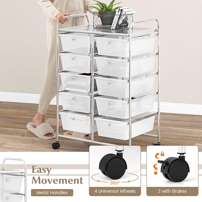 COSTWAY 10 Drawer Rolling Storage Cart, Utility Cart with Lockable Wheels | Mobile Art Supply Craft Organizer with Metal Frame, Multipurpose Drawer Cart for Paper for Office, School, Transparent