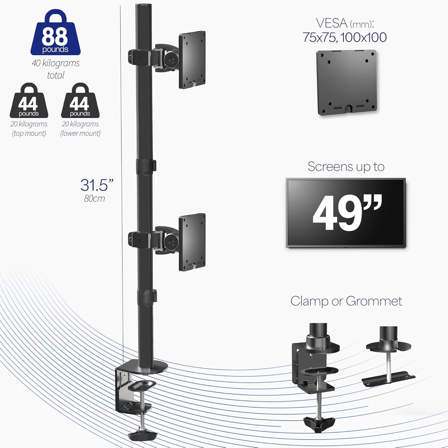 VIVO Dual Vertically Stacked Ultra-Wide Monitor Desk Mount for up to 49 inch Ultrawide Screens, Extra Tall Heavy Duty Adjustable Stand Holds 44 lbs Per Screen, Black, STAND-V202R