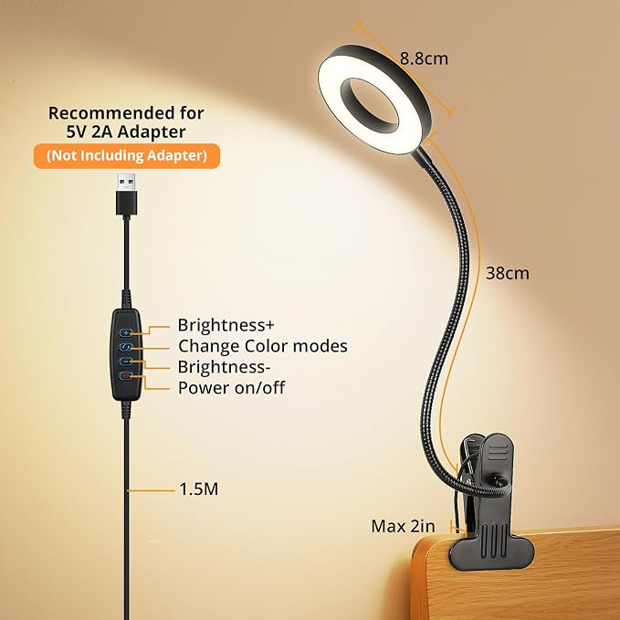 Woputne Desk Lamp Clip on Light for Bed Book Reading (Black) | 10 Dimmable Brightness 3 Light Modes Desk Lights for Home Office Clamp Bedside Lamp for Painting, Craft, Study