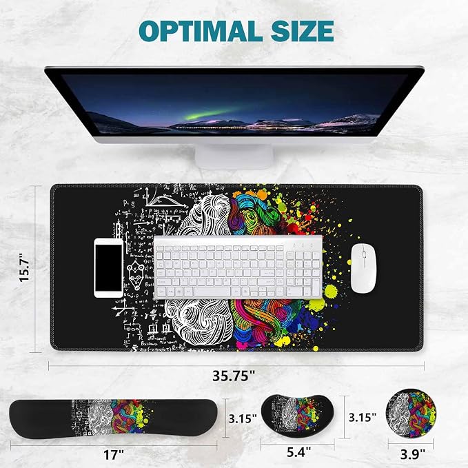 ToLuLu Extended Gaming Mouse Pad, Memory Foam Ergonomic Keyboard Mouse Wrist Rest Support Set, Large Desk Mat with Stitched Edges, Non-Slip Base Mousepad for Home Office Game, Left & Right Brain