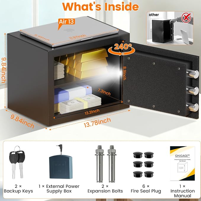 Small Fireproof Safe Box | 1550℉ 35-Min Real Test Fire Safe | 1.2 Cuft Safe | 22Lbs Heavy Fire Money Safe | 3 Quick Access Unlock & Removable Shelf | Anti-Theft Alarm & Wall Mount | for Home Office Cash