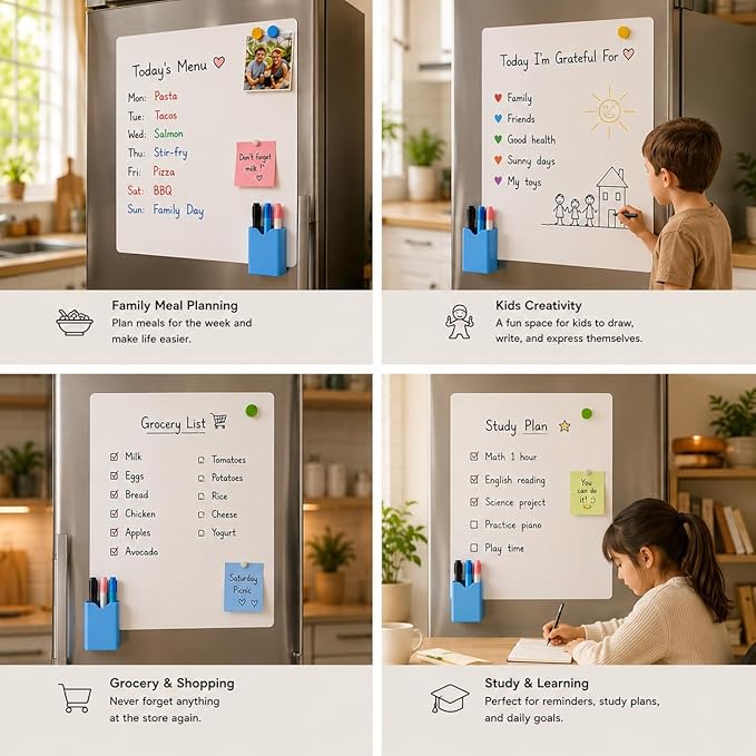 Magnetic Dry Erase Whiteboard 12"x18" for Fridge | Dry erase white board for fridge set with markers, eraser & magnets. Magnetic sheet sticks to fridge whiteboard
