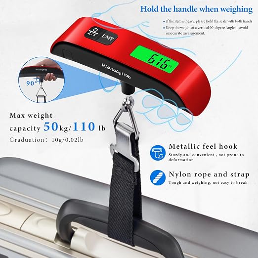 Luggage Scale, 110lb Luggage Weight Scale with 4 Unit Switching Functions&LED Display, Luggage Scale Travel Digital for Weighing Luggage, Backpacks, Packages and Markets(Red)