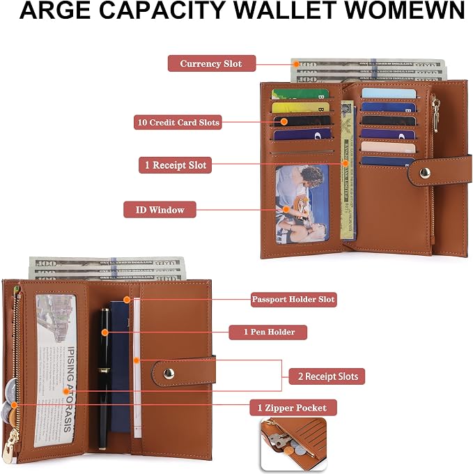Wallet Women RFID Blocking Multi Cards Wallet Credit Card Holder for Women Large Capacity Lady Leather Trifold Travel Wallet with Passport/Pen Holder